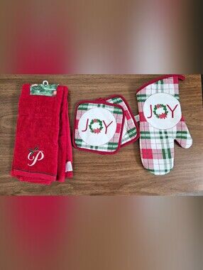 NWT St. Nicholas Square Monogram P Towels & Holiday Joy Plaid Mitt Pot Holders